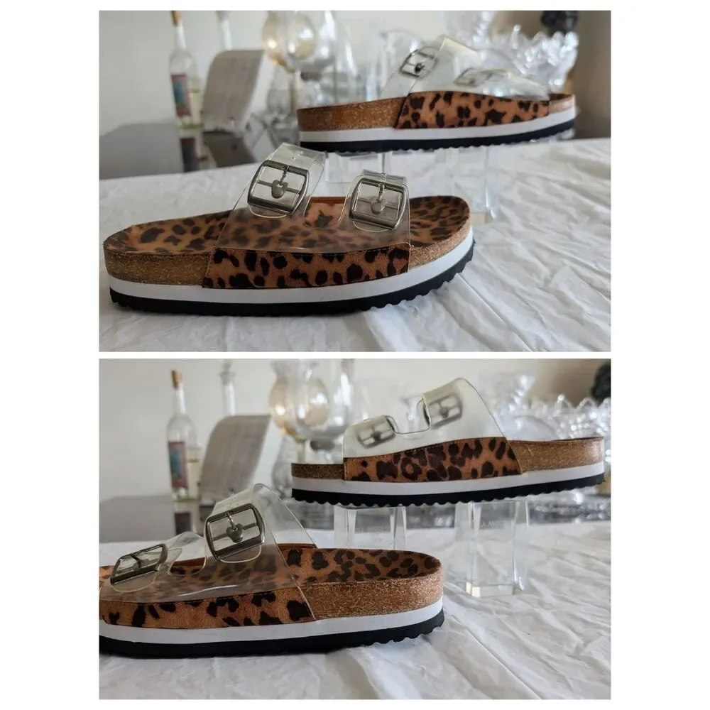BOUTIQUE by Corkys Leopard Platform Sandals Clear Double Buckle Cork Slides